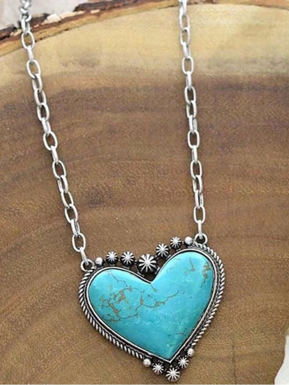 Turquoise Heart Pendant Necklace with Silver-Tone Rope Detailing
